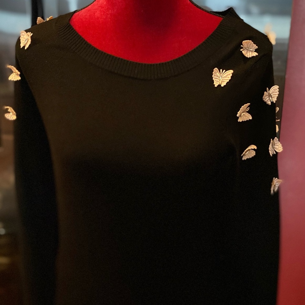 INC International Concepts Black Sweater with Butterfly Appliqués.